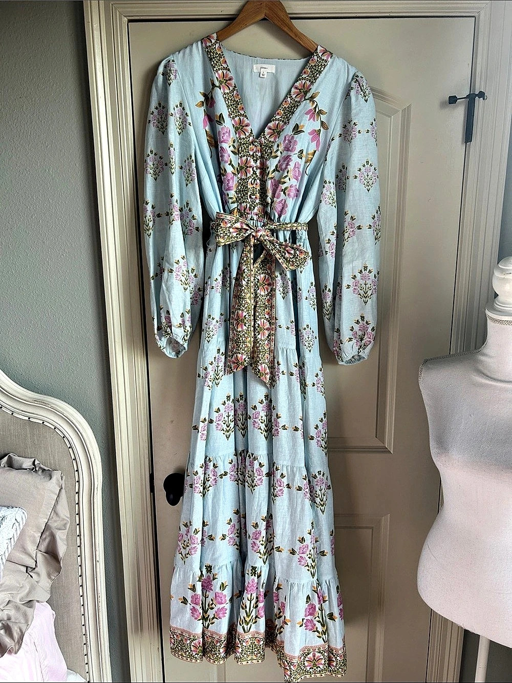 a loves a Floral Printed Long Sleeve V-Neck Bow Waist Maxi Dress Maxi Dress Blue